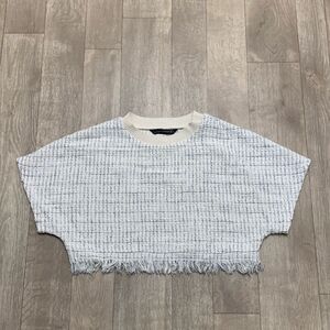Zara Woman Tweed Crewneck Frayed Hem Crop Top‎ Metallic Sweater
